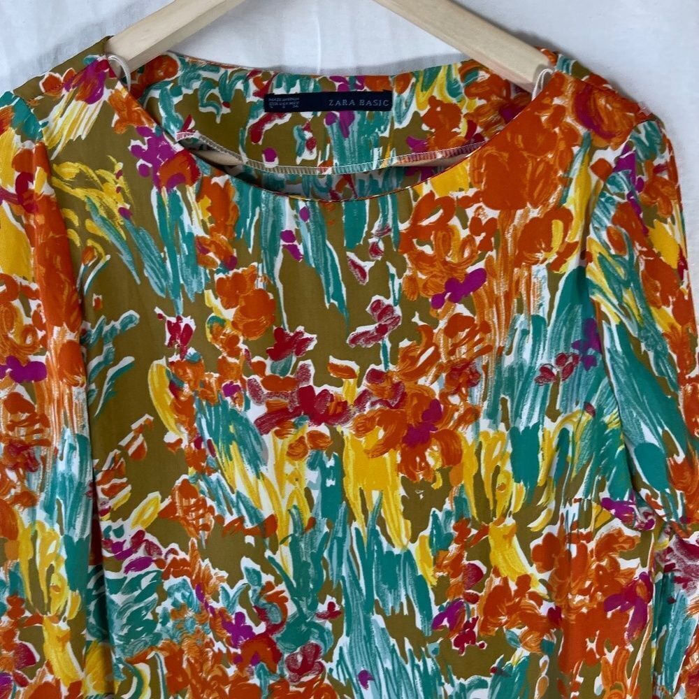 Zara‎ Basic Yellow/Green Silk Watercolor Print Sheath Tunic Dress Sz